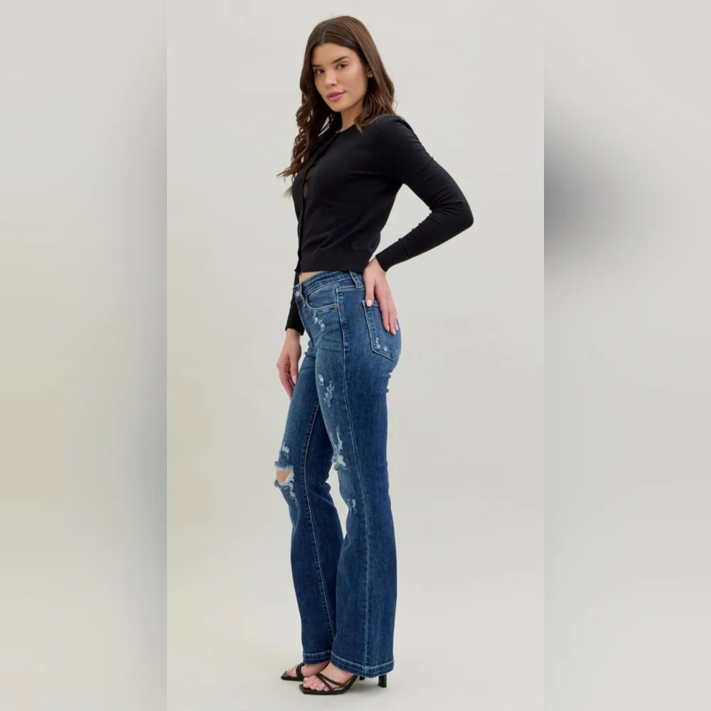 Judy Blue Mid Rise Dark Wash Hand Sand Distressed Bootcut Denim Jeans 13/31 NEW - Picture 6 of 16